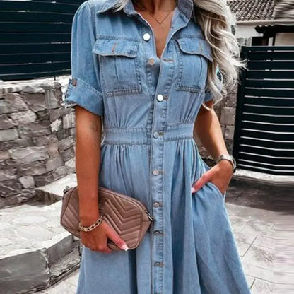 Denim Flip Collar Button Pockets Short Sleeve