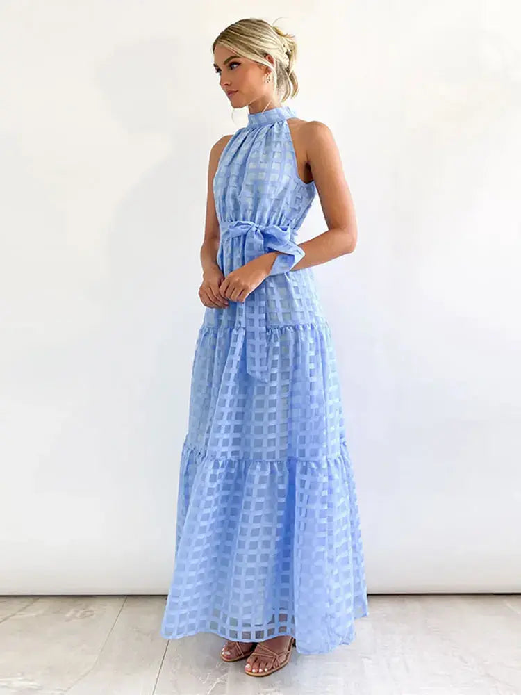 Grid Hollow Long Dress