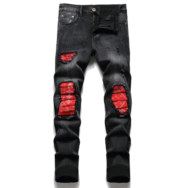 Men's Paisley Bandana Print Patch Jeans