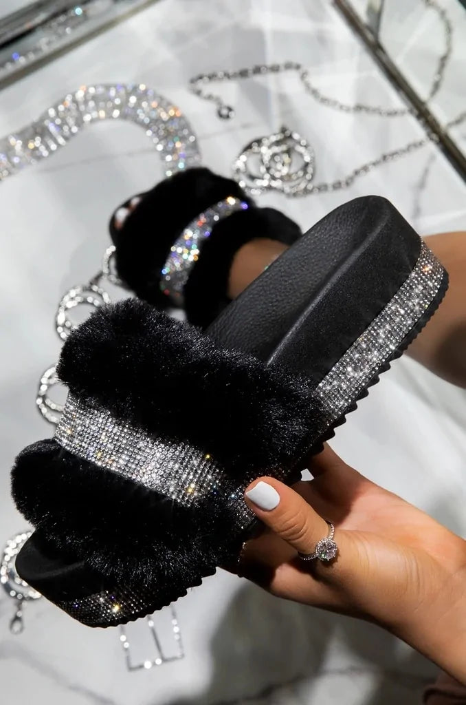 Luxury Designer Fur Rhinestone Slippers