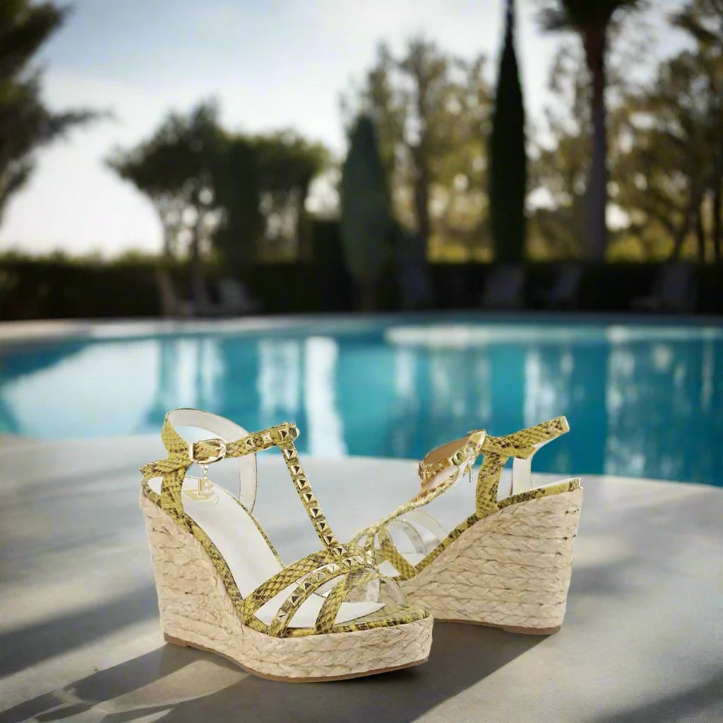 Yellow Snakeskin Wedge Sandals