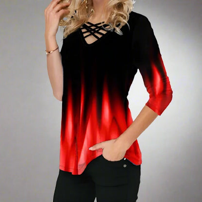 Women Blouses Gradient Print Cross V-Neck