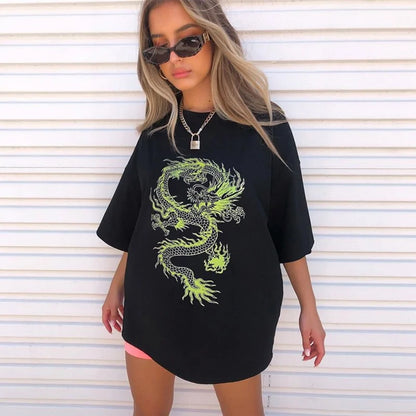 Dragon Print T-shirt Women's Tops