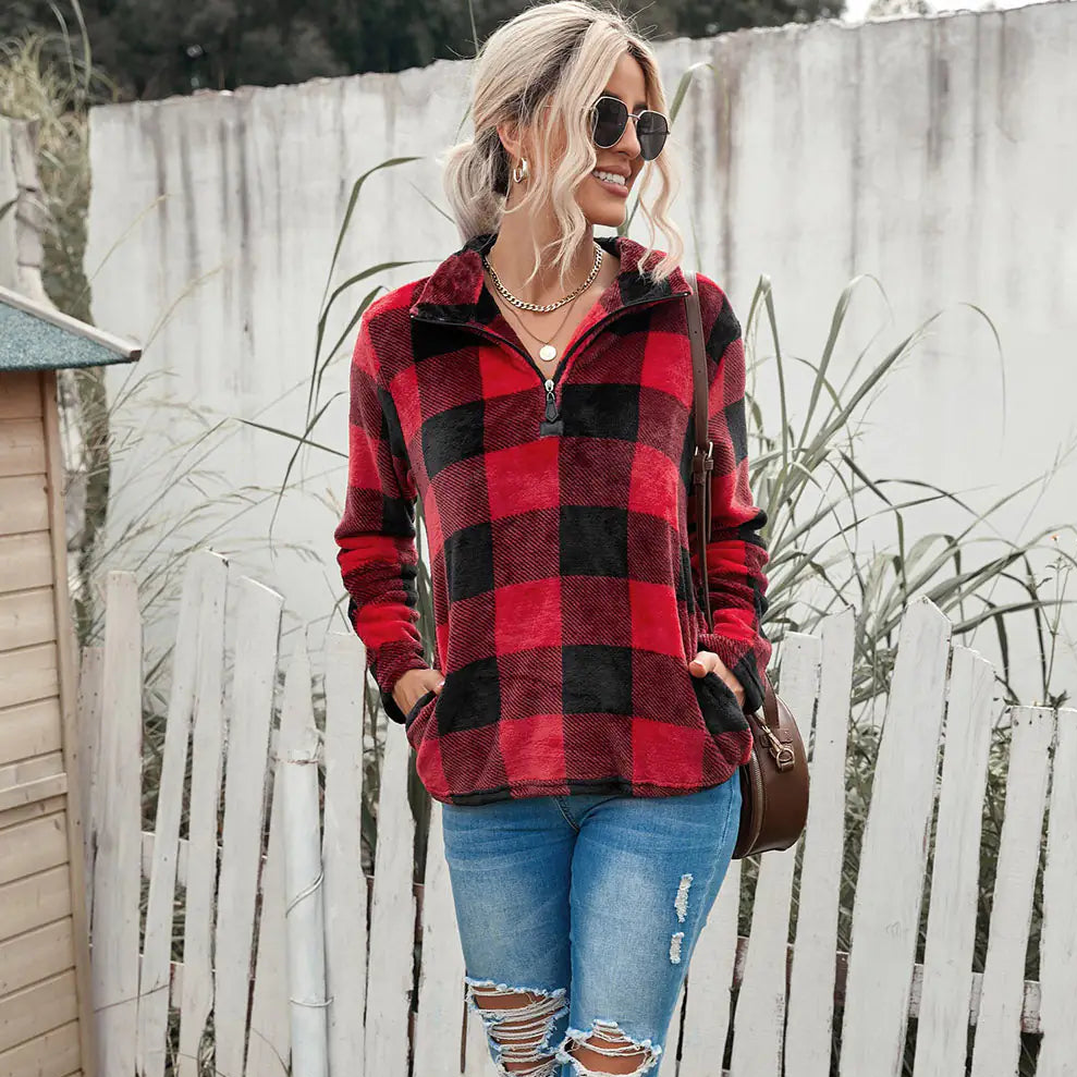 Plaid Print Collar Sweatshirt