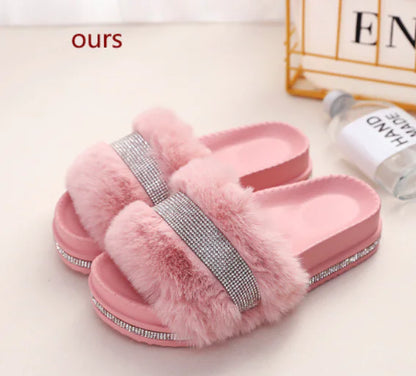 Luxury Designer Fur Rhinestone Slippers