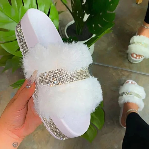 Luxury Designer Fur Rhinestone Slippers