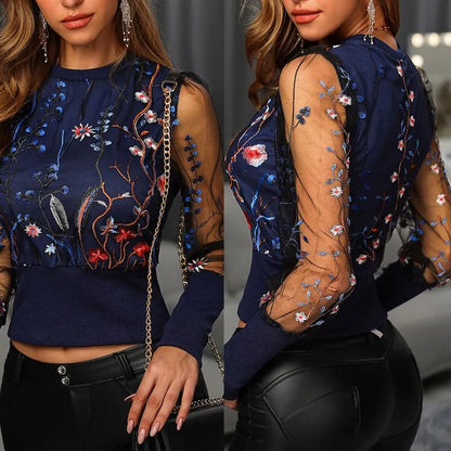 Embroidered Mesh Floral Long Sleeve Blouse