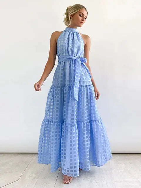 Grid Hollow Long Dress