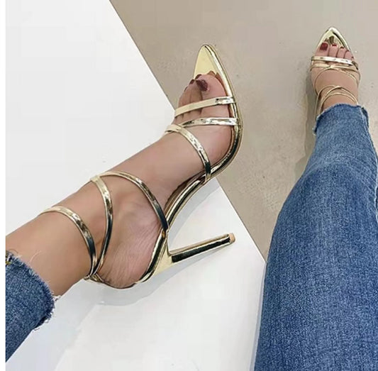 Gold Cross Strap Pointed Toe Stiletto Heels