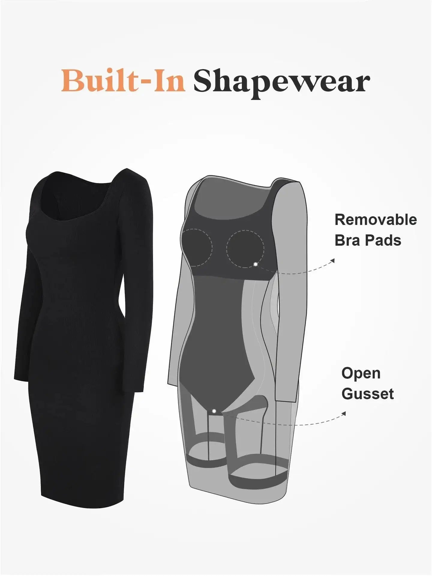 2-In-1 Long Sleeve Built-In Body Shaper Dress