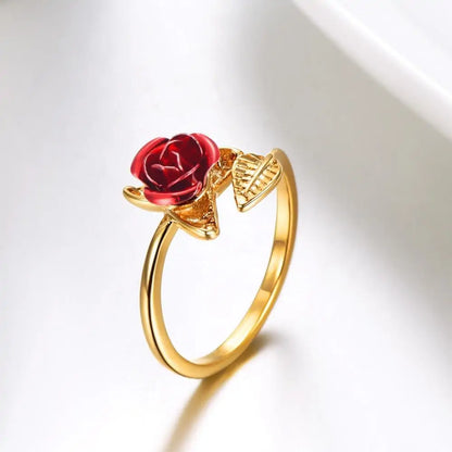 Red Rose Resizable Leaf Ring