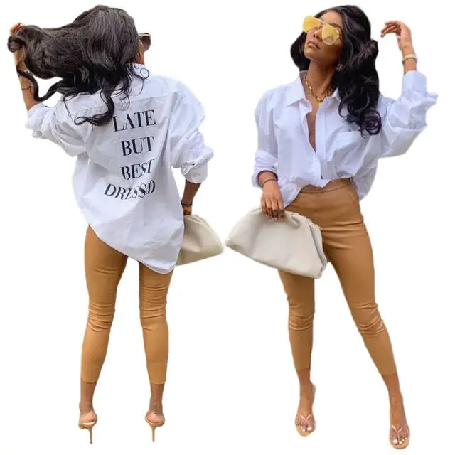 Fall Blouses Letter Single-breasted Long-sleeve