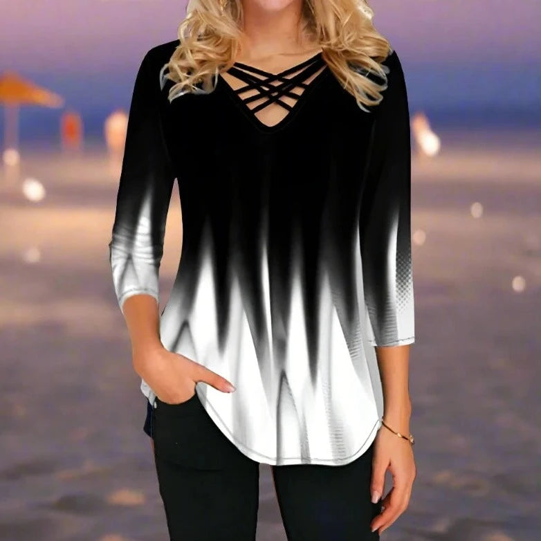 Women Blouses Gradient Print Cross V-Neck