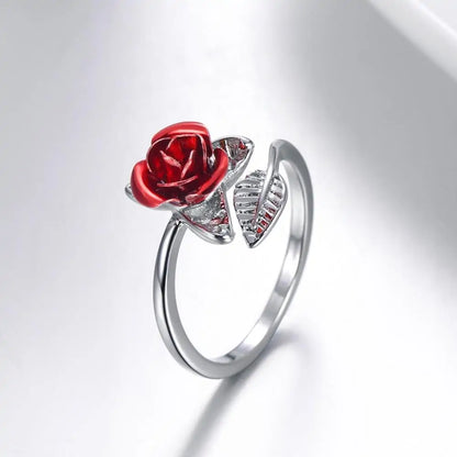 Red Rose Resizable Leaf Ring