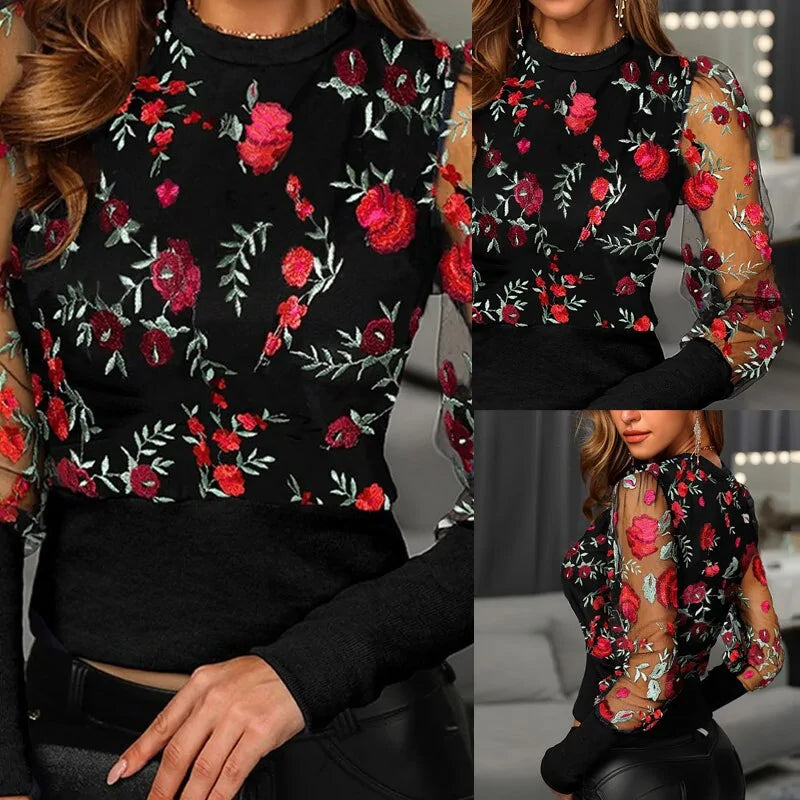 Embroidered Mesh Floral Long Sleeve Blouse