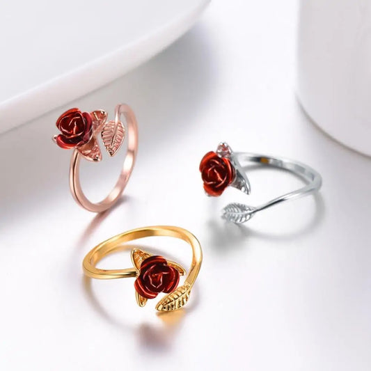 Red Rose Resizable Leaf Ring