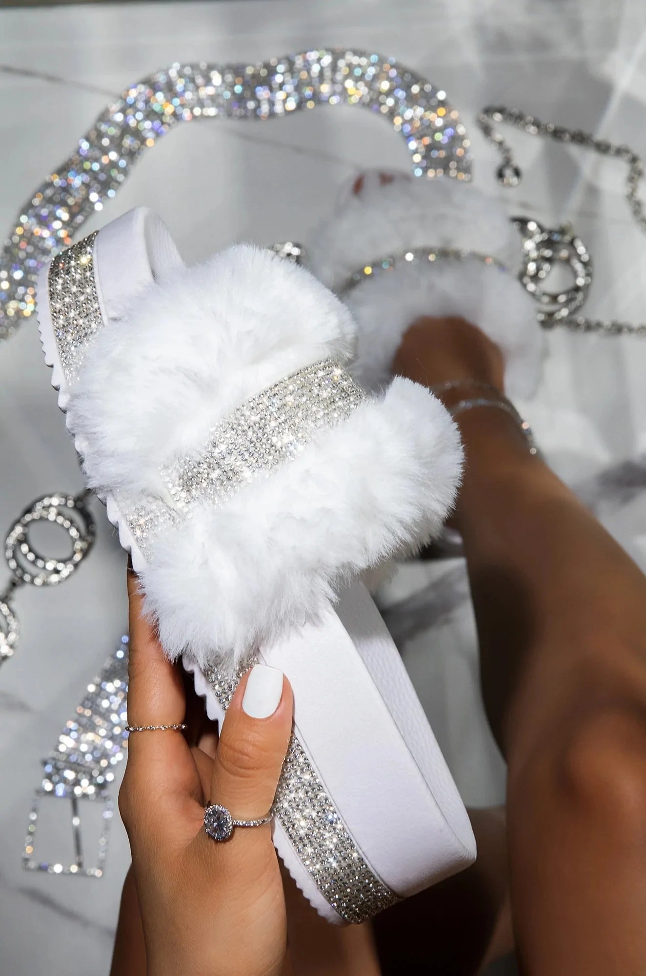 Luxury Designer Fur Rhinestone Slippers