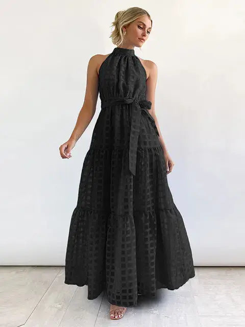 Grid Hollow Long Dress