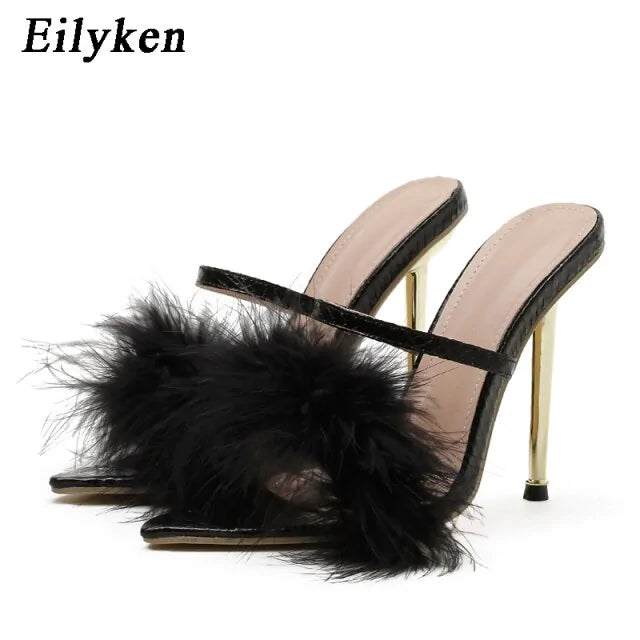 Pointed Toe Furry Slippers Ladies Sandals