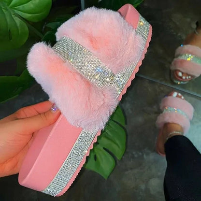 Luxury Designer Fur Rhinestone Slippers