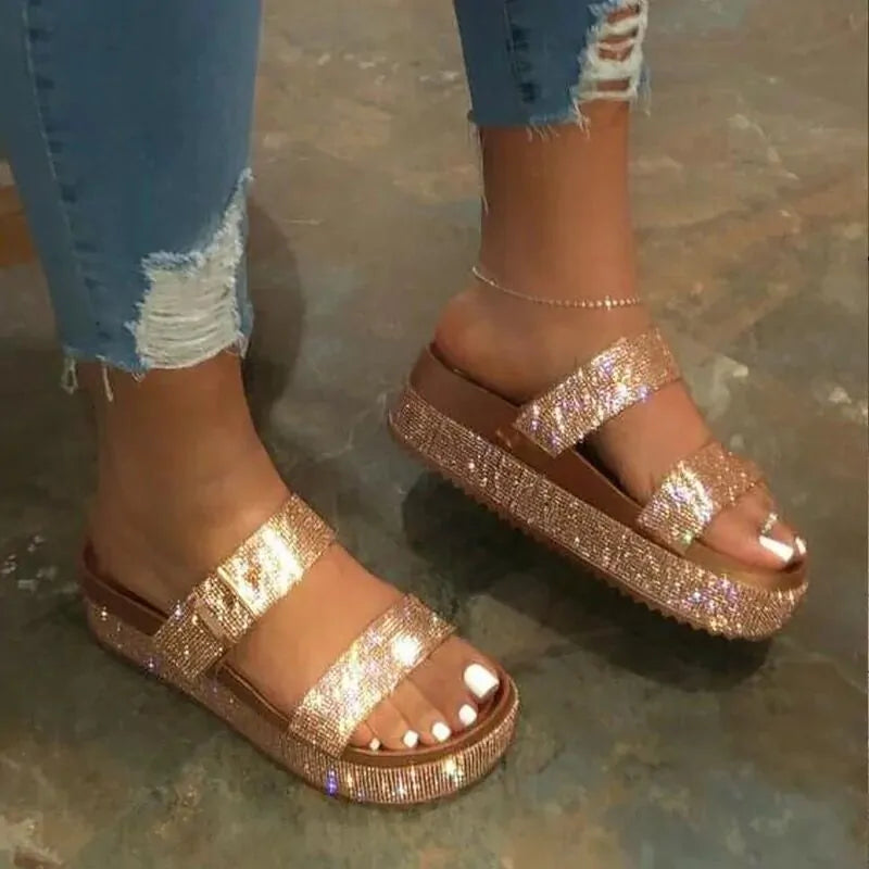 Shiny Golden Summer Flat Sandals