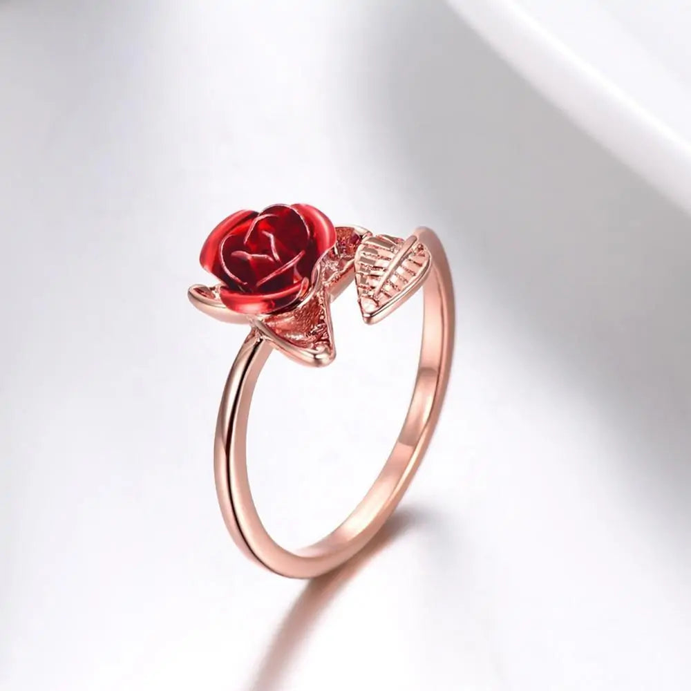 Red Rose Resizable Leaf Ring