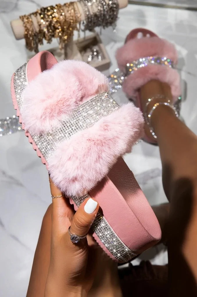 Luxury Designer Fur Rhinestone Slippers