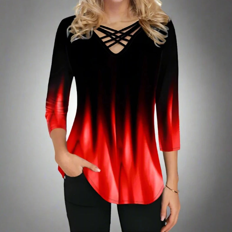 Women Blouses Gradient Print Cross V-Neck