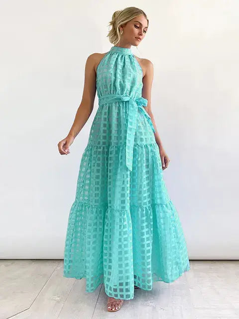 Grid Hollow Long Dress