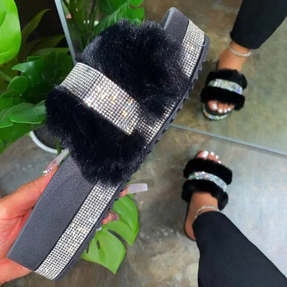 Luxury Designer Fur Rhinestone Slippers