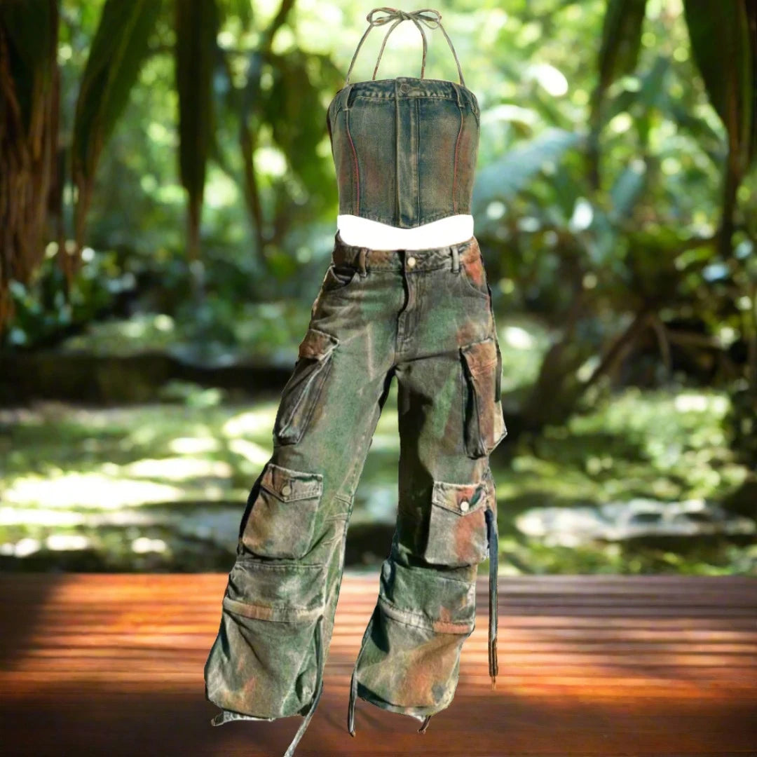 Denim Halter Cargo Pant Set